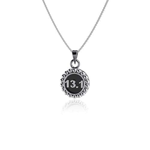 Image of silver necklace with chain and pendant showing 13.1 marathon medal.