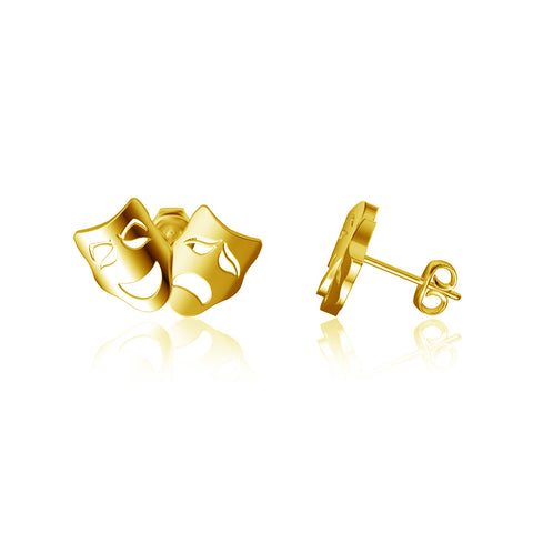 Comedy and Tragedy Mask Stud Earrings - Gold
