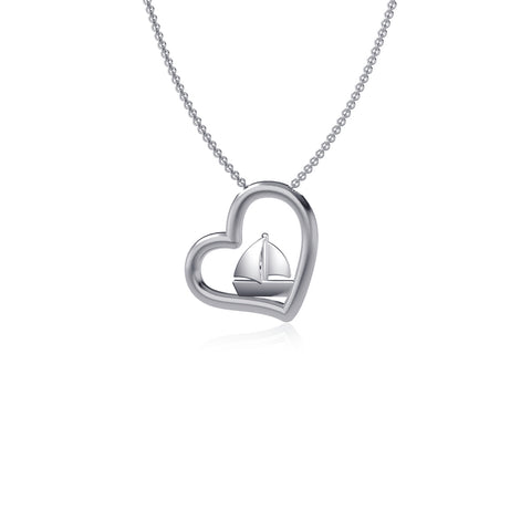 Sail Boat Heart Pendant Necklace - Silver