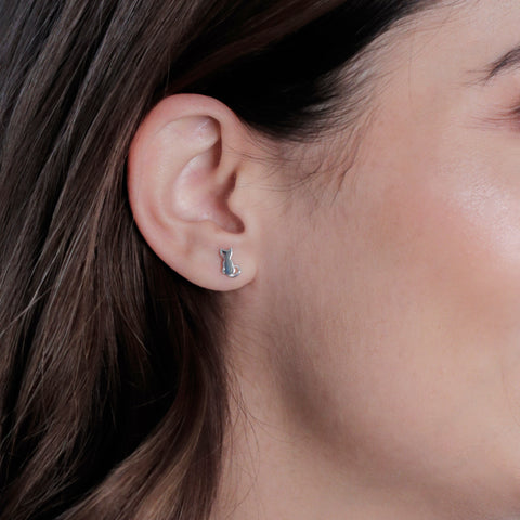 Cat Stud Earrings - Silver