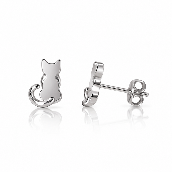 Cat Stud Earrings - Silver