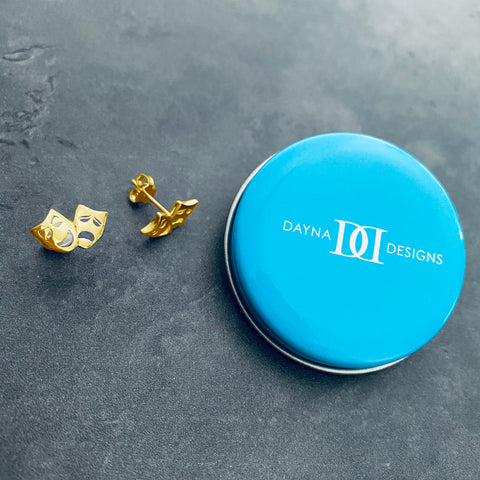 Comedy and Tragedy Mask Stud Earrings - Gold