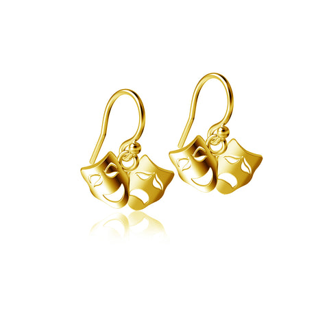 Comedy and Tragedy Mask Dangle Earrings - Gold