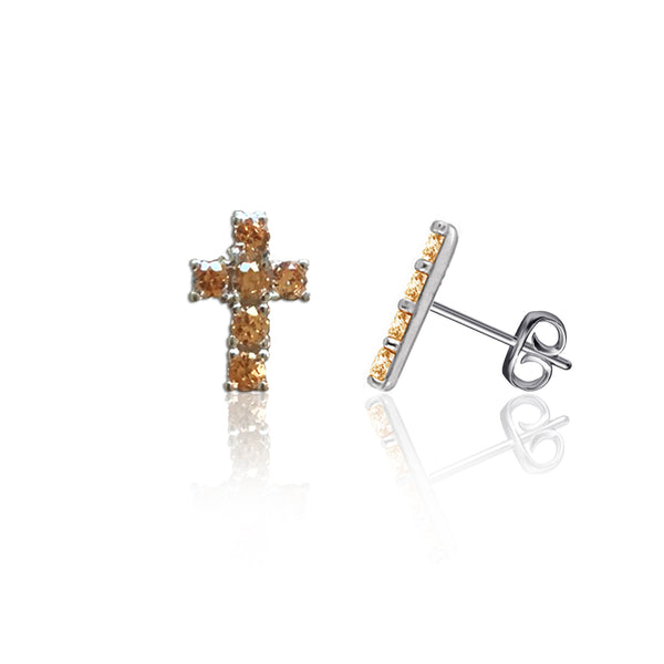 Mini Crystal Cross Stud Earrings - Silver