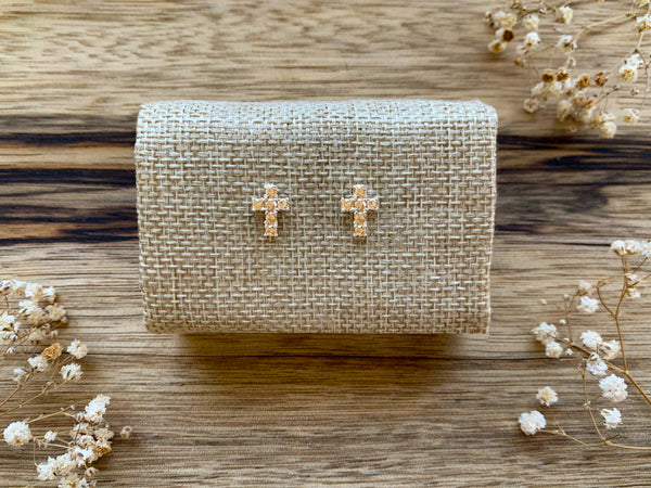 Mini Crystal Cross Stud Earrings - Silver