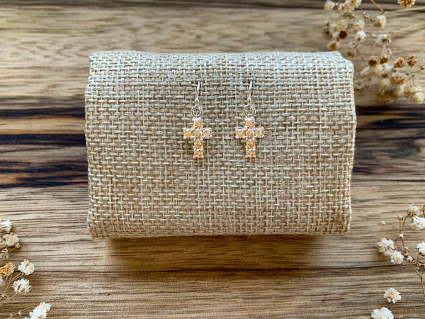 Mini Crystal Cross Dangle Earrings - Silver