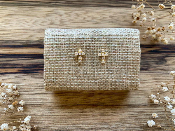 Mini Crystal Cross Stud Earrings - Gold