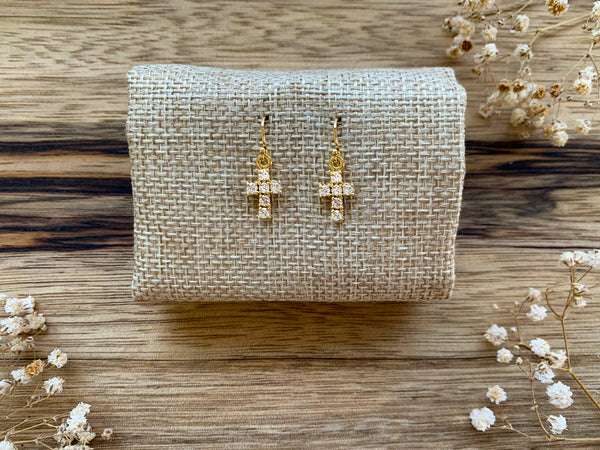 Mini Crystal Cross Dangle Earrings - Gold