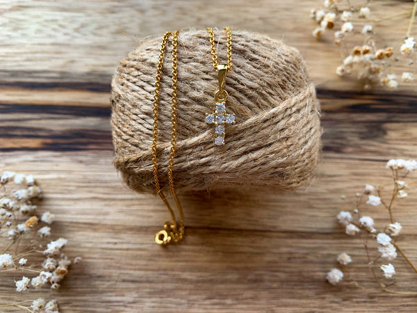 Mini Crystal Cross Necklace - Gold