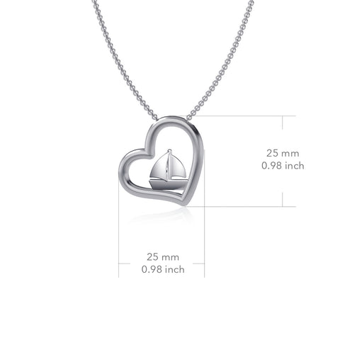 Sail Boat Heart Pendant Necklace - Silver
